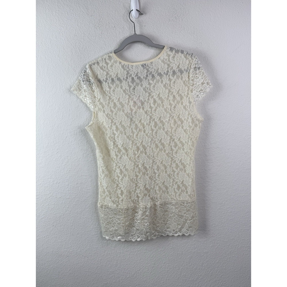 CAbi Lace Top Tunic Stretch Women's L Ivory Sheer Cap Sleeve Y2K Romantic NWT - Picture 7 of 8